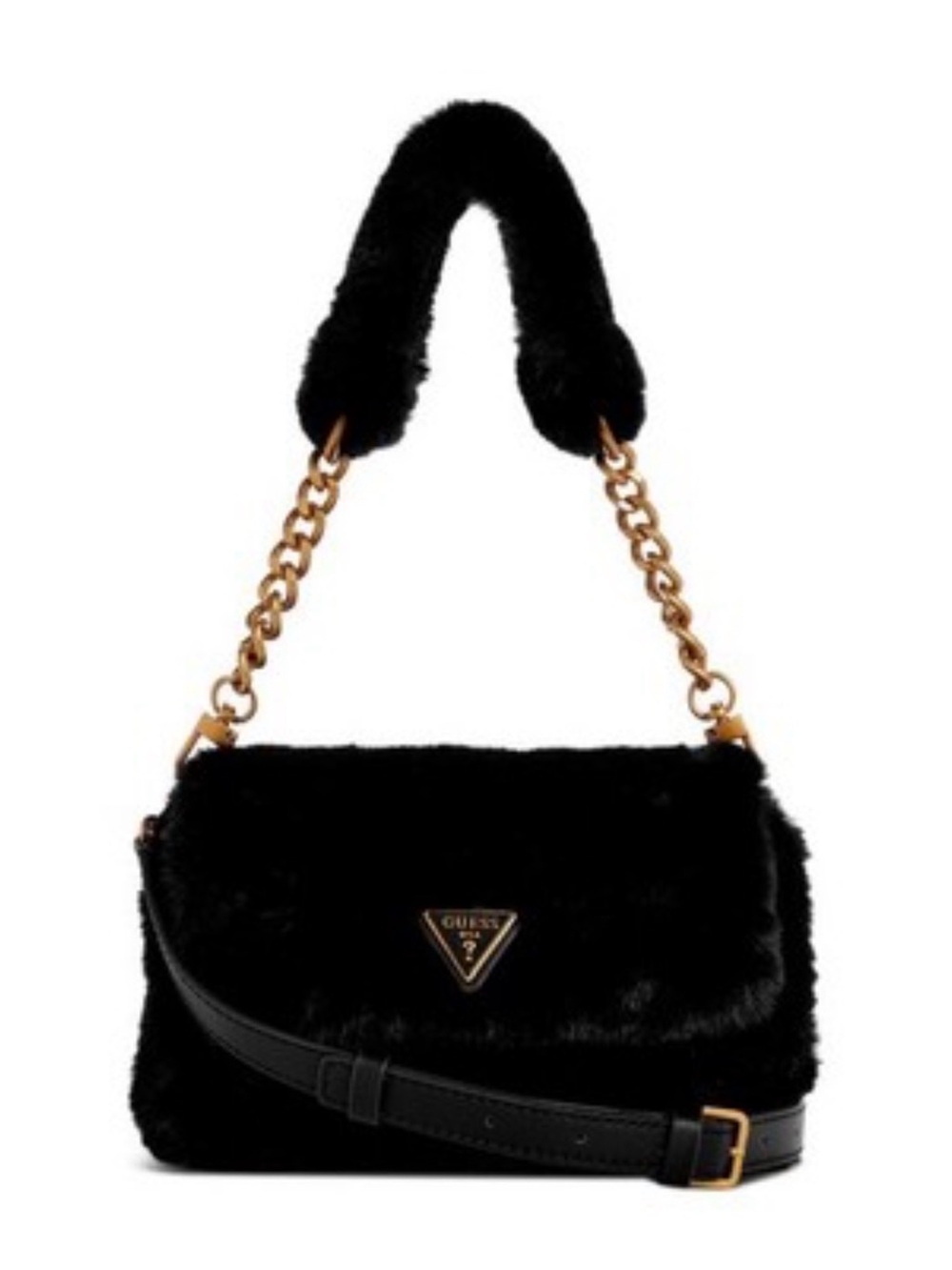 GUESS Black Faux Fur Shoulder Bag with Gold Chain Accents